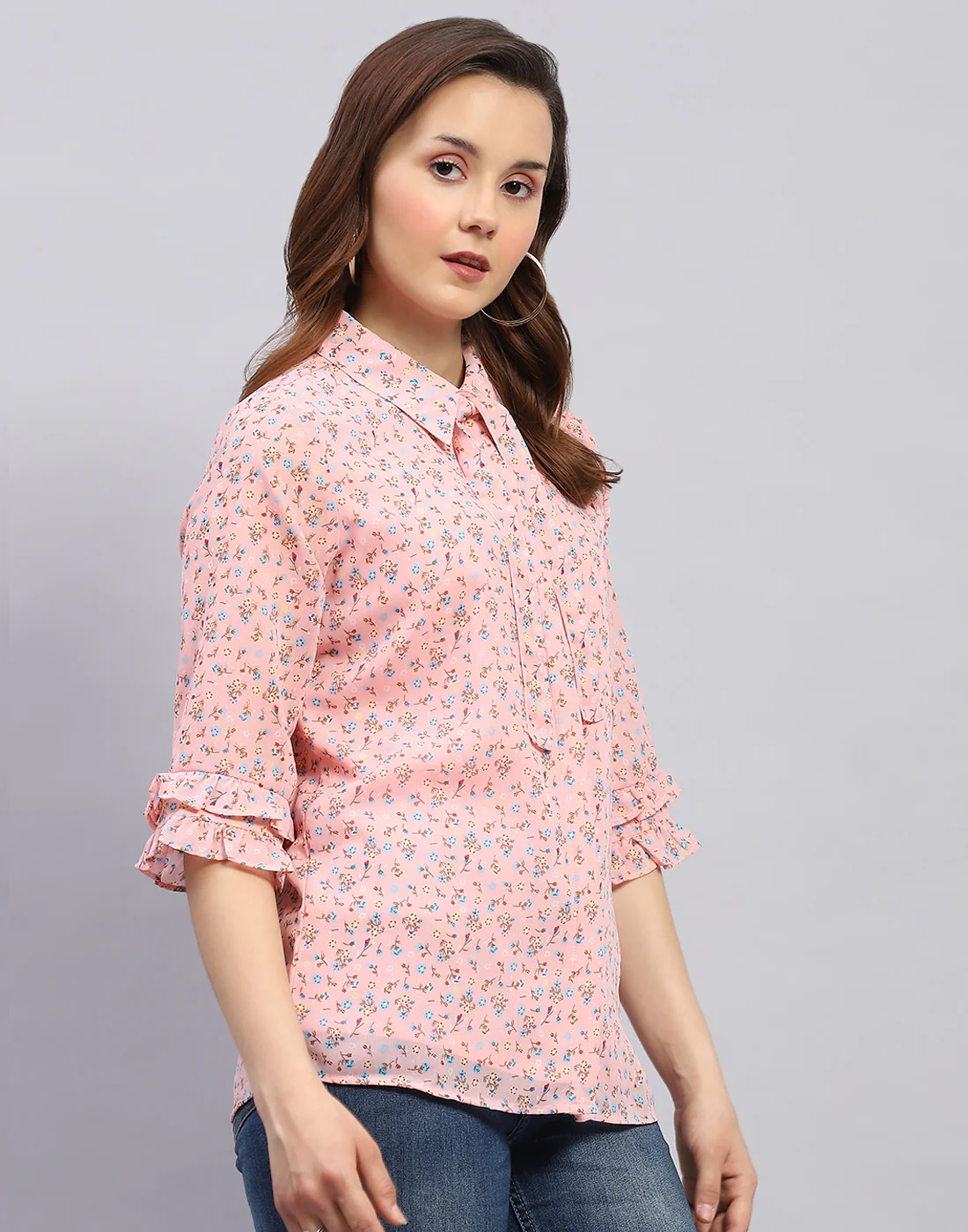 Women Peach Floral Print Collar Neck 3/4 Sleeve Top - Image 4