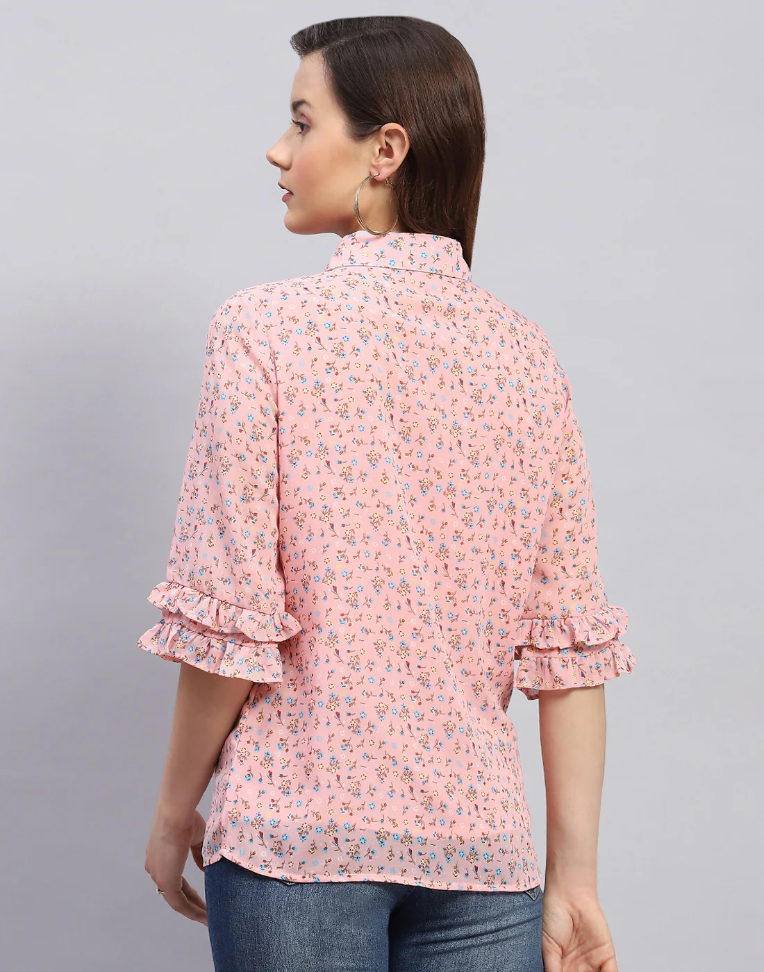 Women Peach Floral Print Collar Neck 3/4 Sleeve Top - Image 5