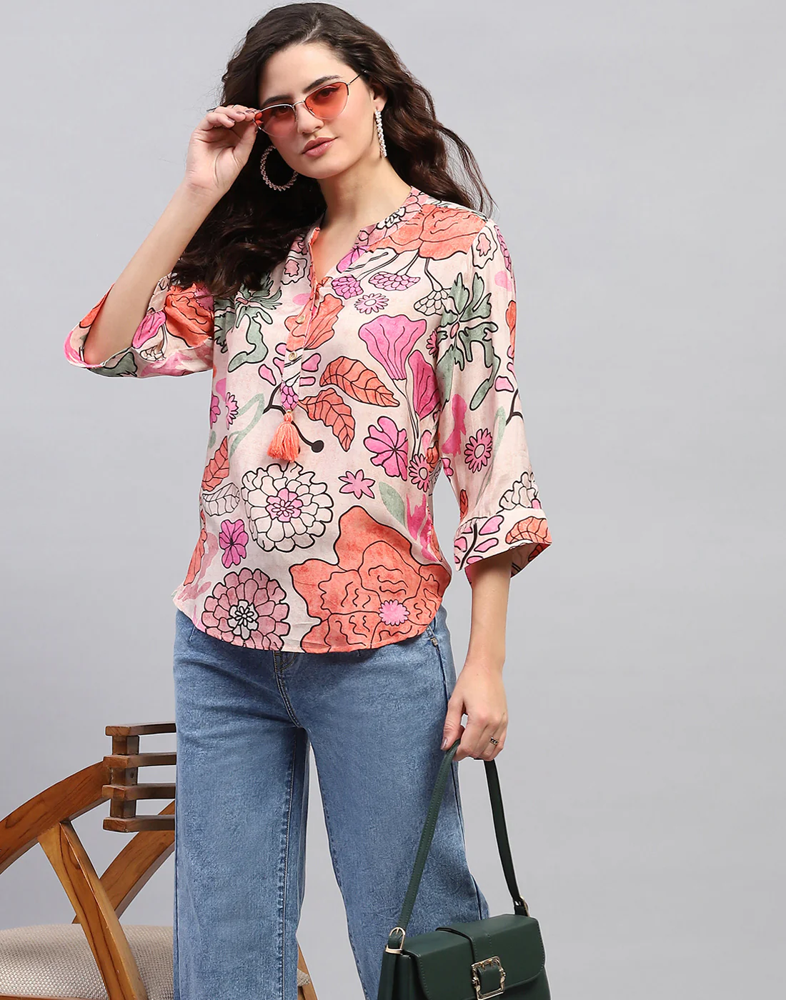 Women Peach Printed Fashion Neck 3/4 Sleeve Top - Image 7