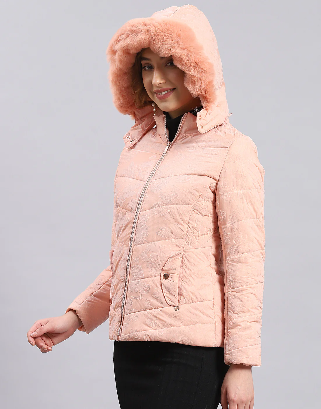 Women Peach Printed Hooded Full Sleeve Jacket - Image 3