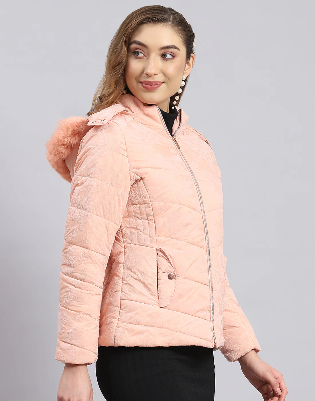 Women Peach Printed Hooded Full Sleeve Jacket - Image 4