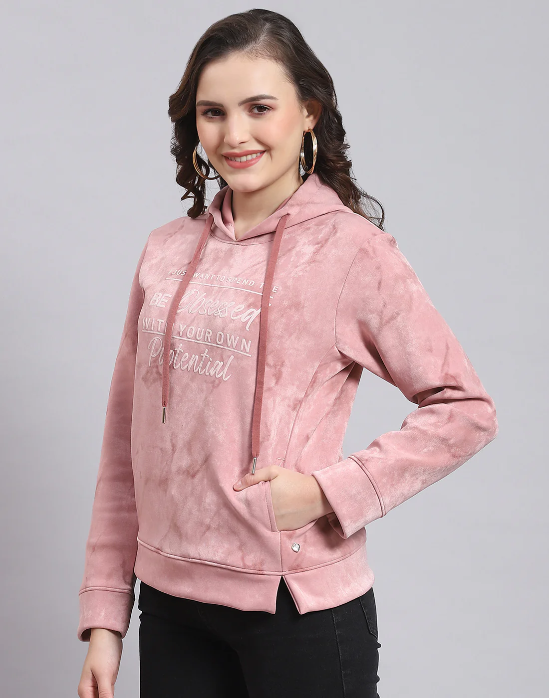 Women Peach Printed Hooded Full Sleeve Sweatshirt - Image 4