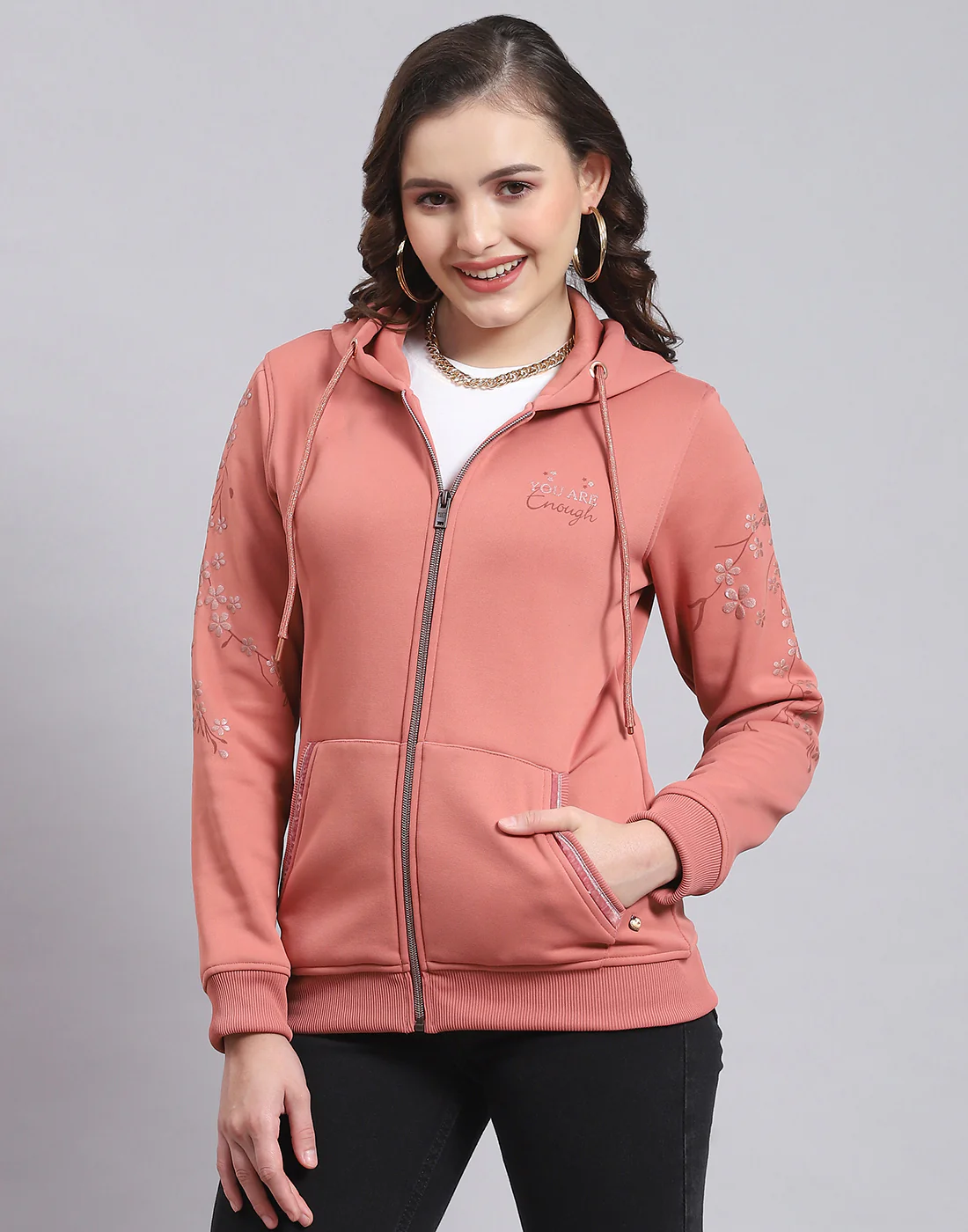 Women Peach Printed Hooded Full Sleeve Sweatshirt - Image 4