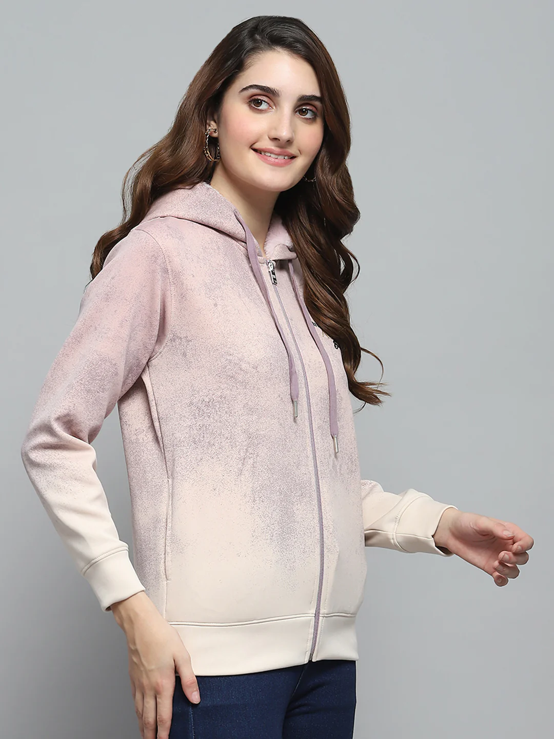 Women Peach Printed Hooded Full Sleeve Sweatshirt - Image 4