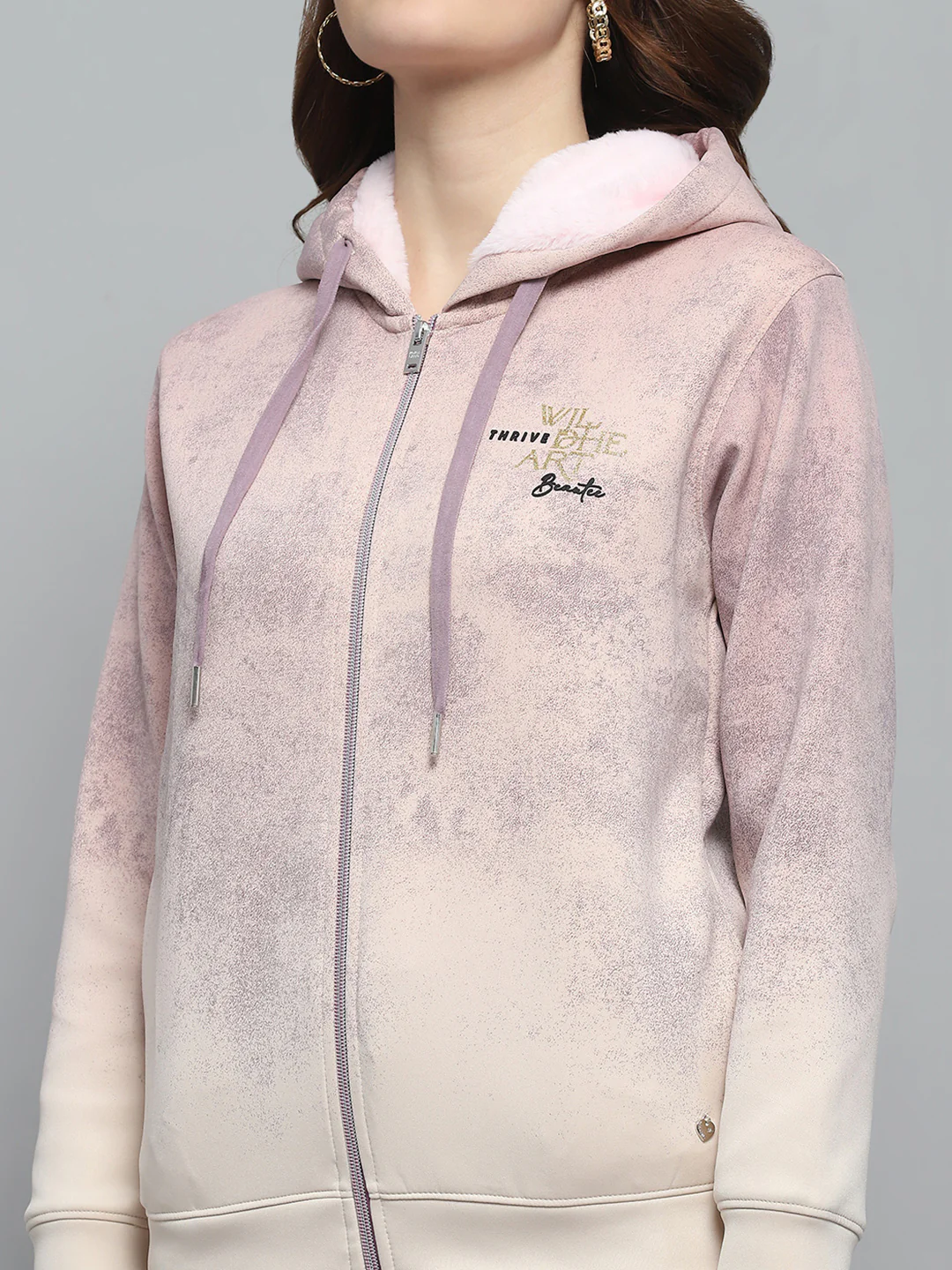 Women Peach Printed Hooded Full Sleeve Sweatshirt - Image 6