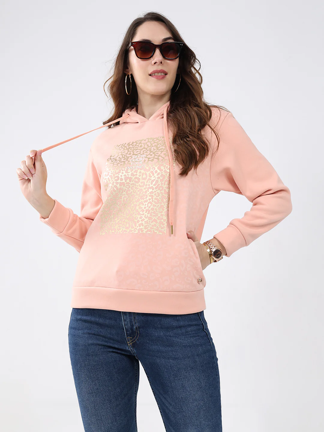 Women Peach Printed Hooded Full Sleeve Sweatshirt - Image 6