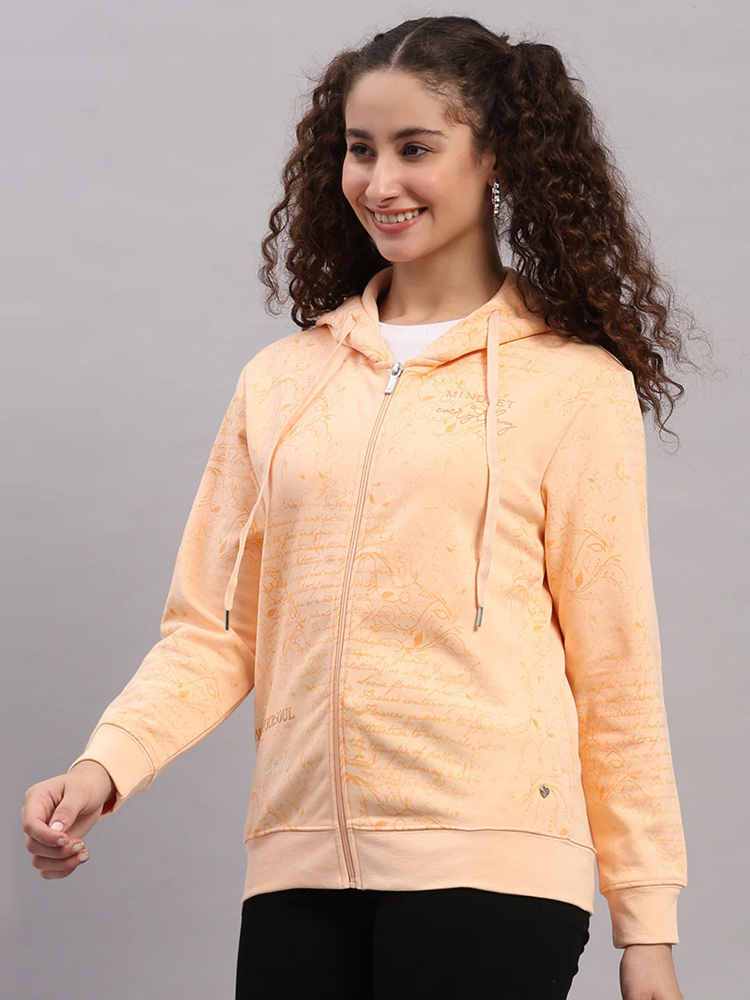 Women Peach Printed Hooded Full Sleeve Sweatshirt - Image 3