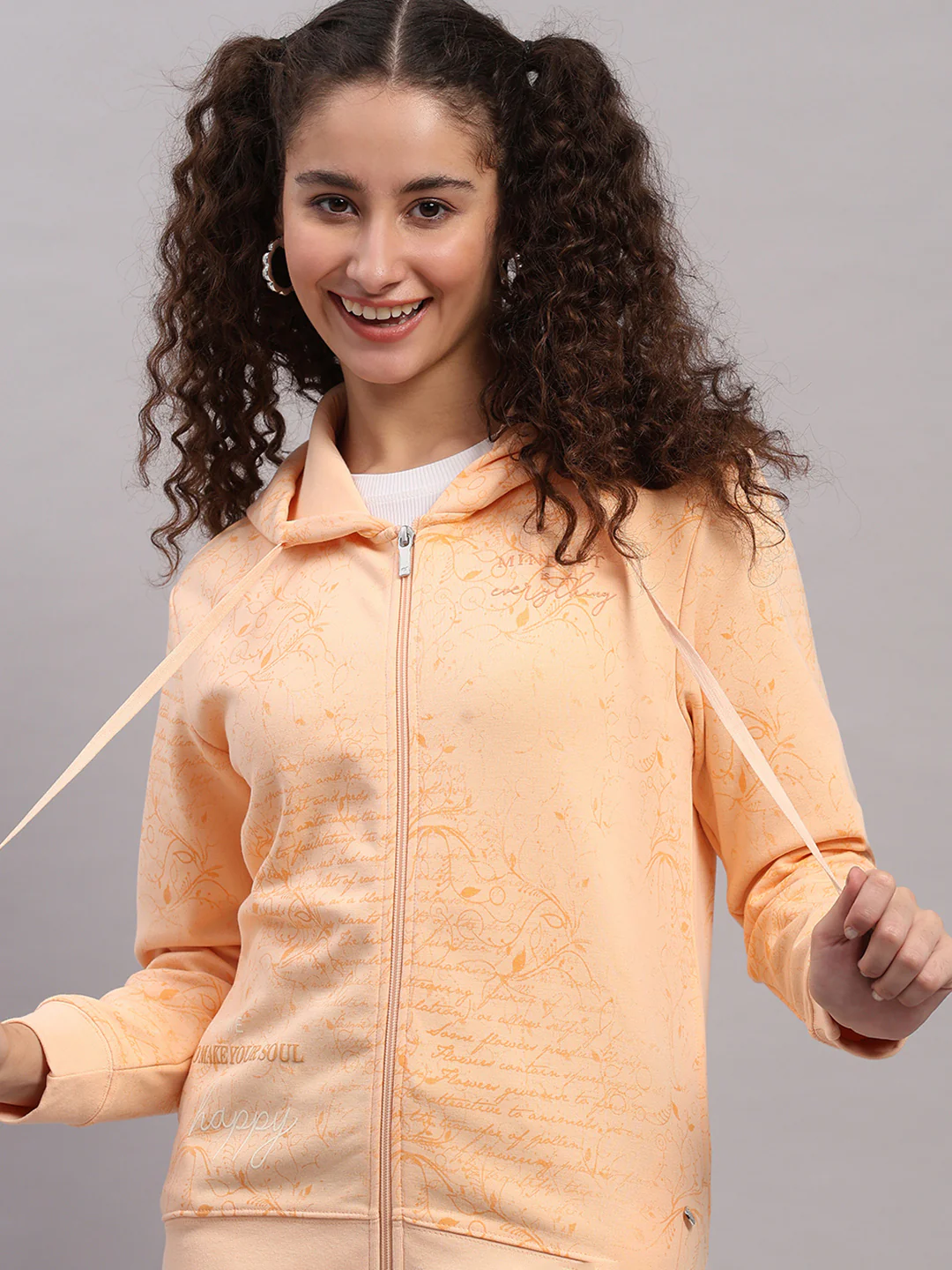 Women Peach Printed Hooded Full Sleeve Sweatshirt - Image 6