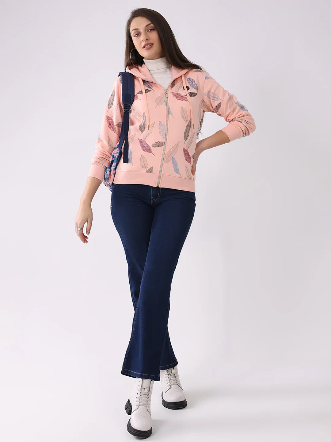 Women Peach Printed Hooded Full Sleeve Sweatshirt - Image 2