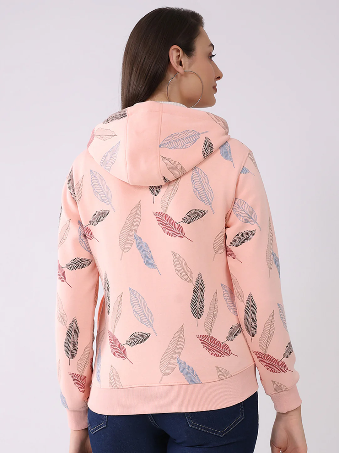 Women Peach Printed Hooded Full Sleeve Sweatshirt - Image 5