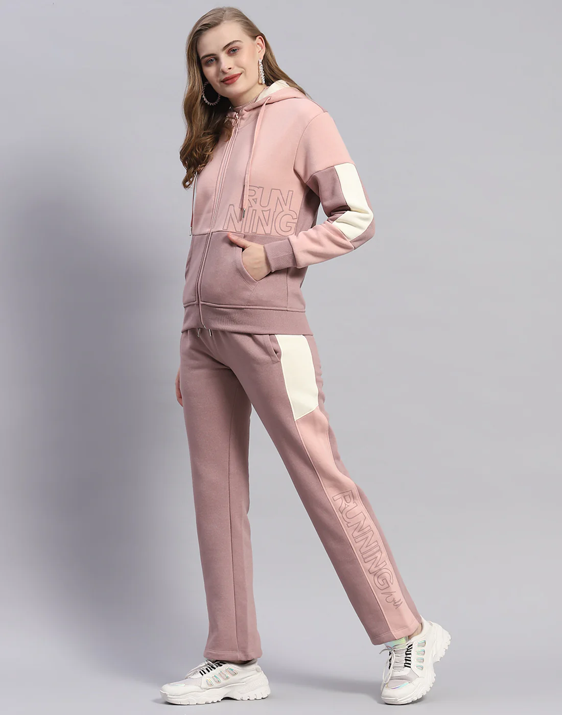 Women Peach Printed Hooded Full Sleeve Tracksuit - Image 3
