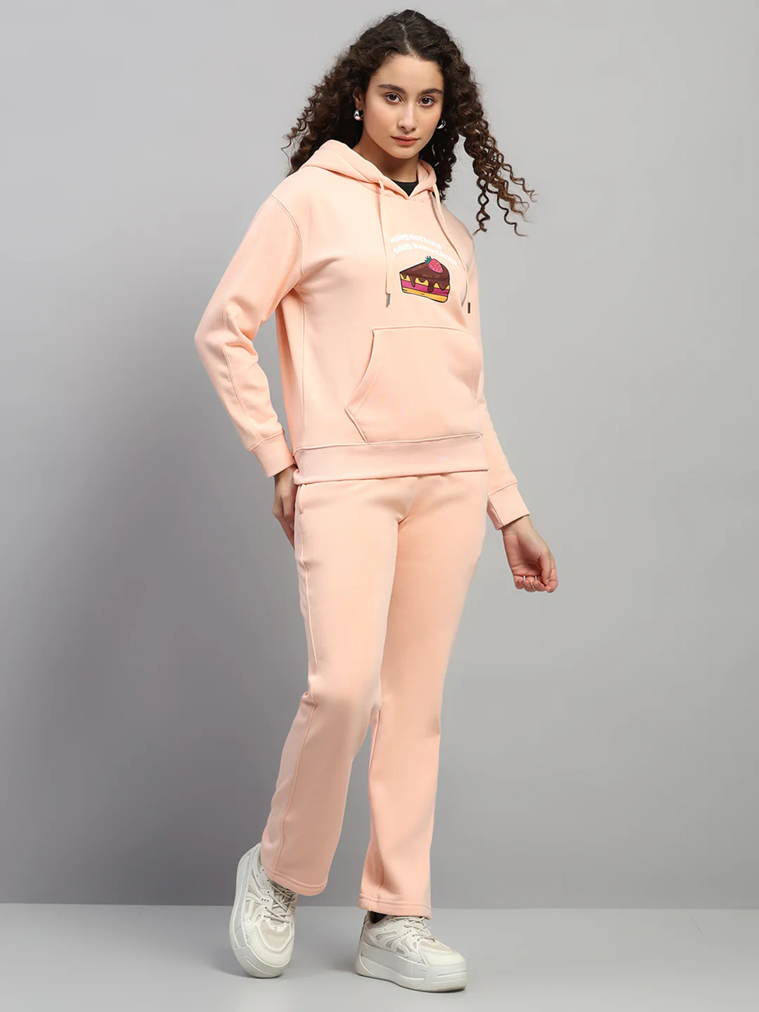Women Peach Printed Hooded Full Sleeve Winter Tracksuit - Image 4