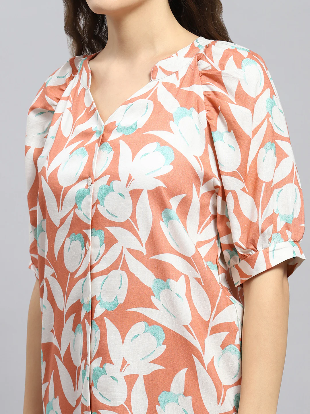 Women Peach Printed Mandarin Collar 3/4 Sleeve Tunic - Image 6