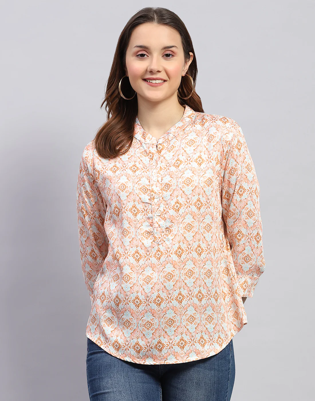 Women Peach Printed  Mandarin Neck 3/4 Sleeve Top - Image 3