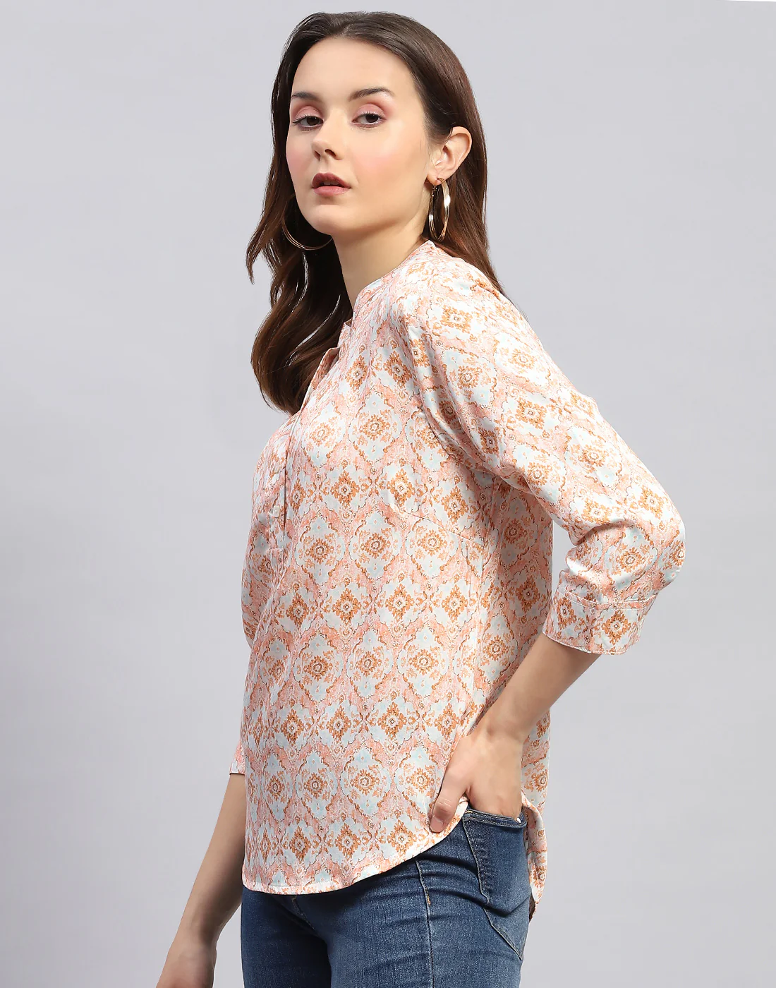 Women Peach Printed  Mandarin Neck 3/4 Sleeve Top - Image 4