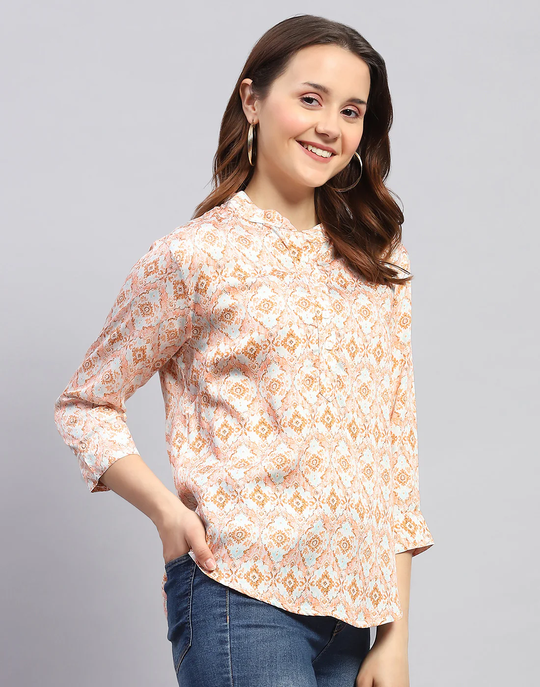 Women Peach Printed  Mandarin Neck 3/4 Sleeve Top - Image 5