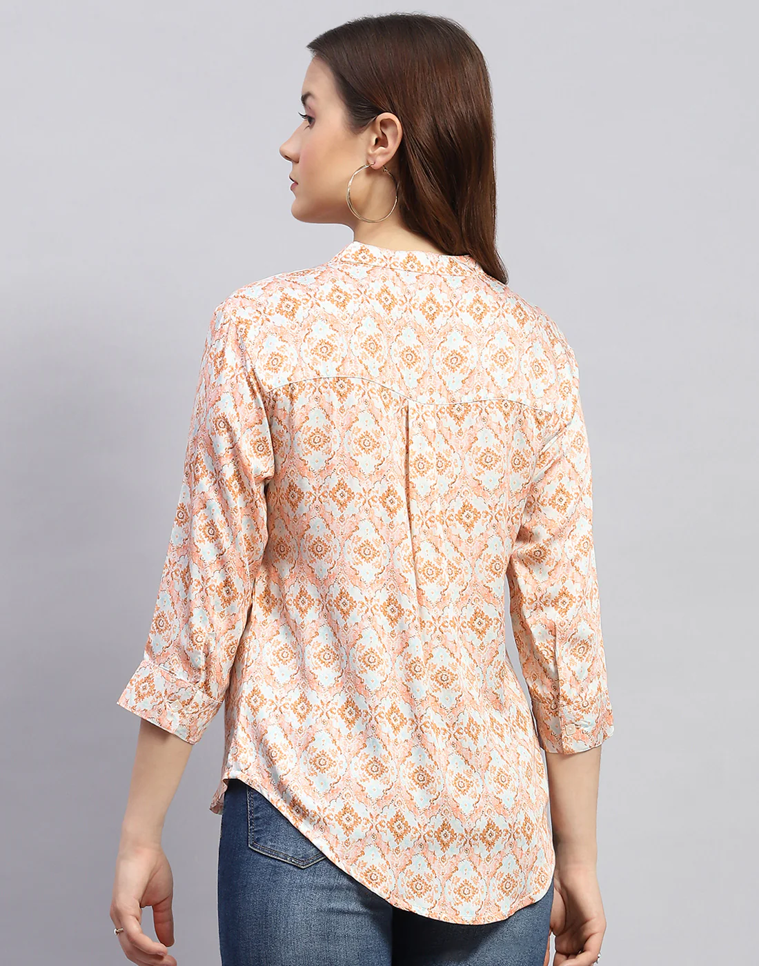 Women Peach Printed  Mandarin Neck 3/4 Sleeve Top - Image 6