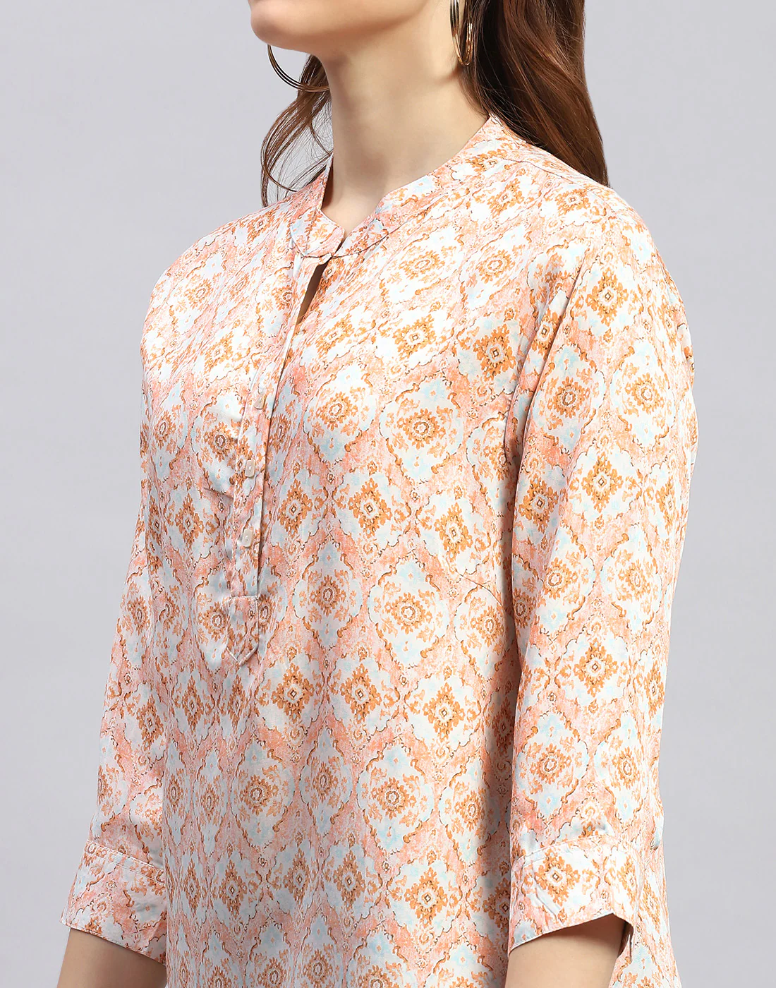 Women Peach Printed  Mandarin Neck 3/4 Sleeve Top - Image 7
