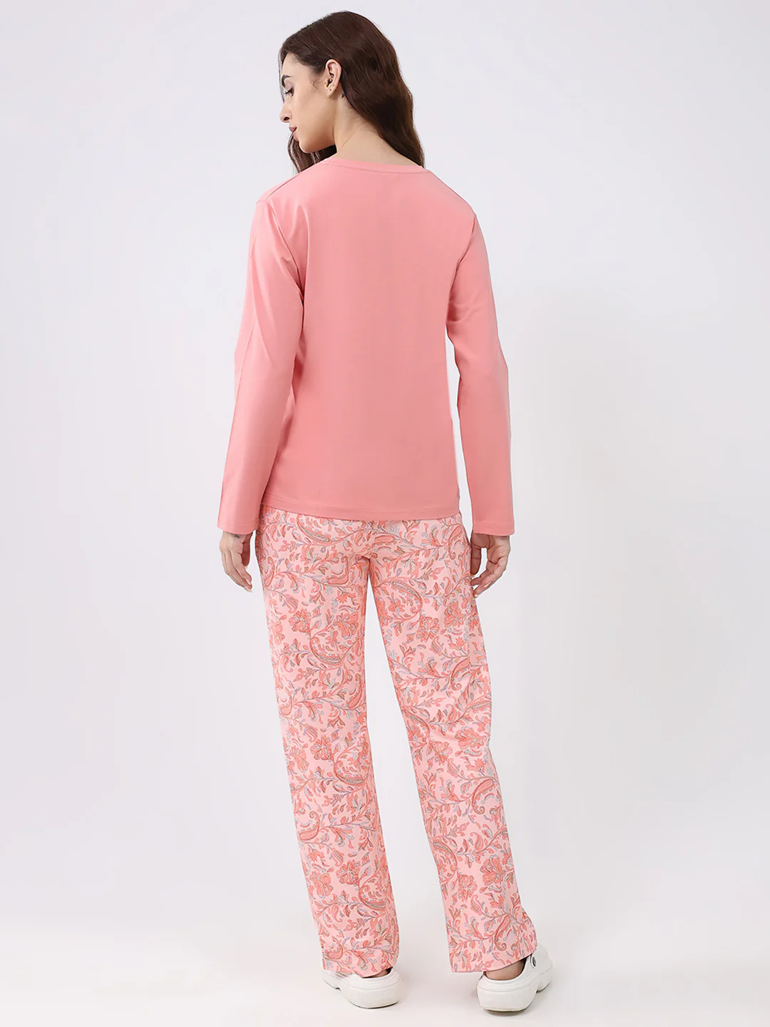 Women Peach Printed Round Neck Full Sleeve Lower Set - Image 5