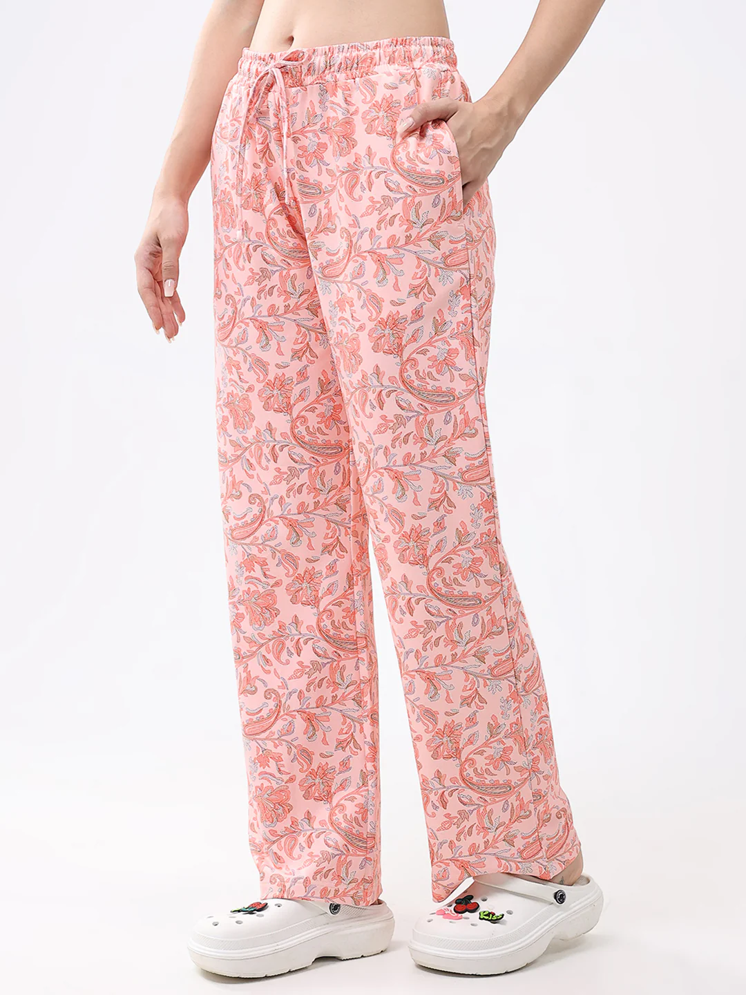 Women Peach Printed Round Neck Full Sleeve Lower Set - Image 7