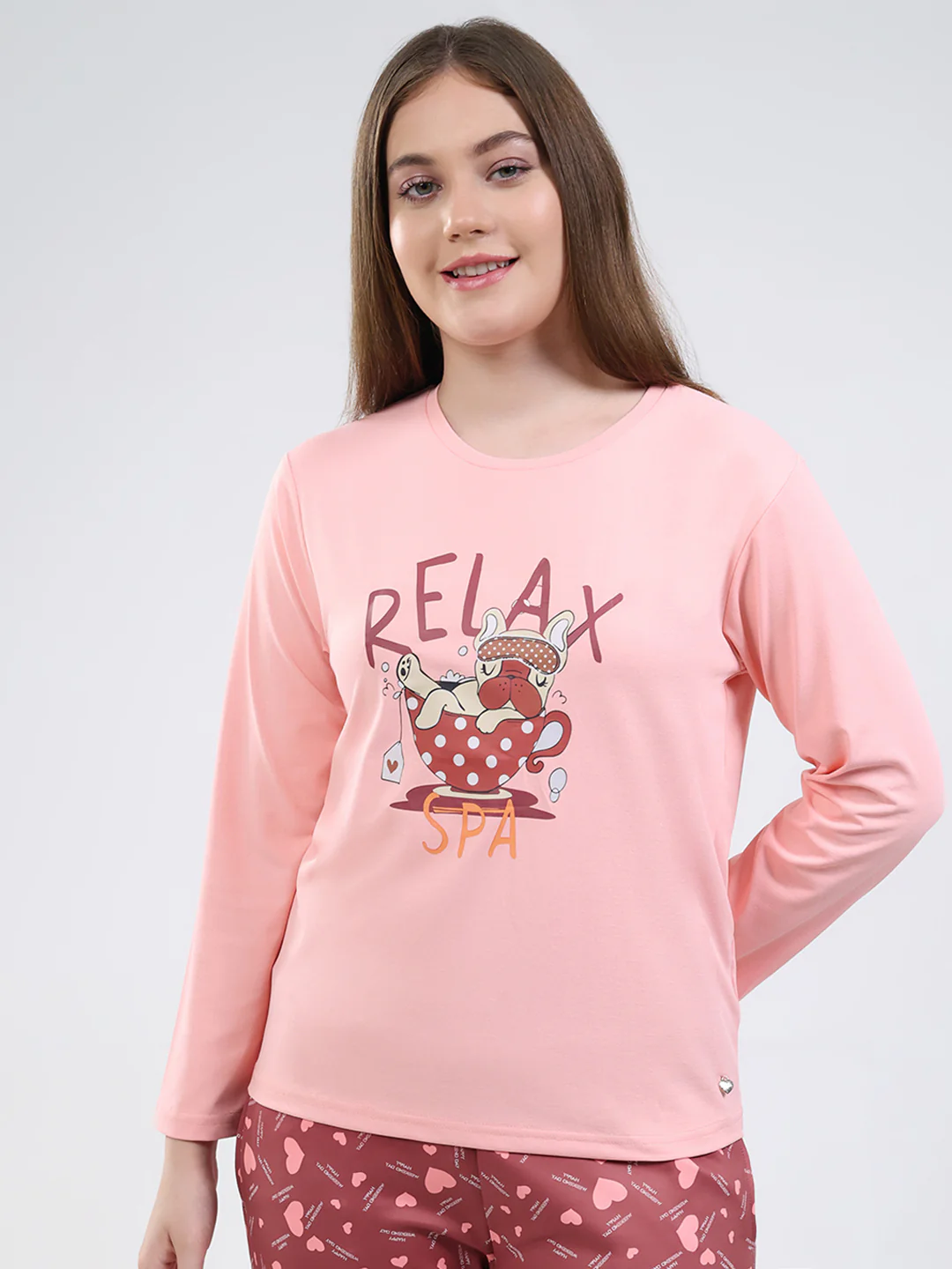 Women Peach Printed Round Neck Full Sleeve Lower Set - Image 7