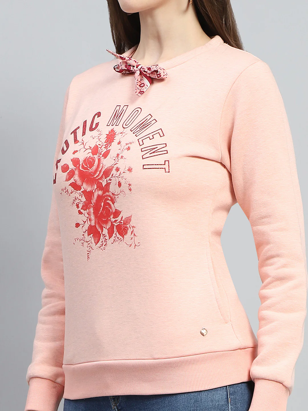 Women Peach Printed Round Neck Full Sleeve Sweatshirt - Image 6