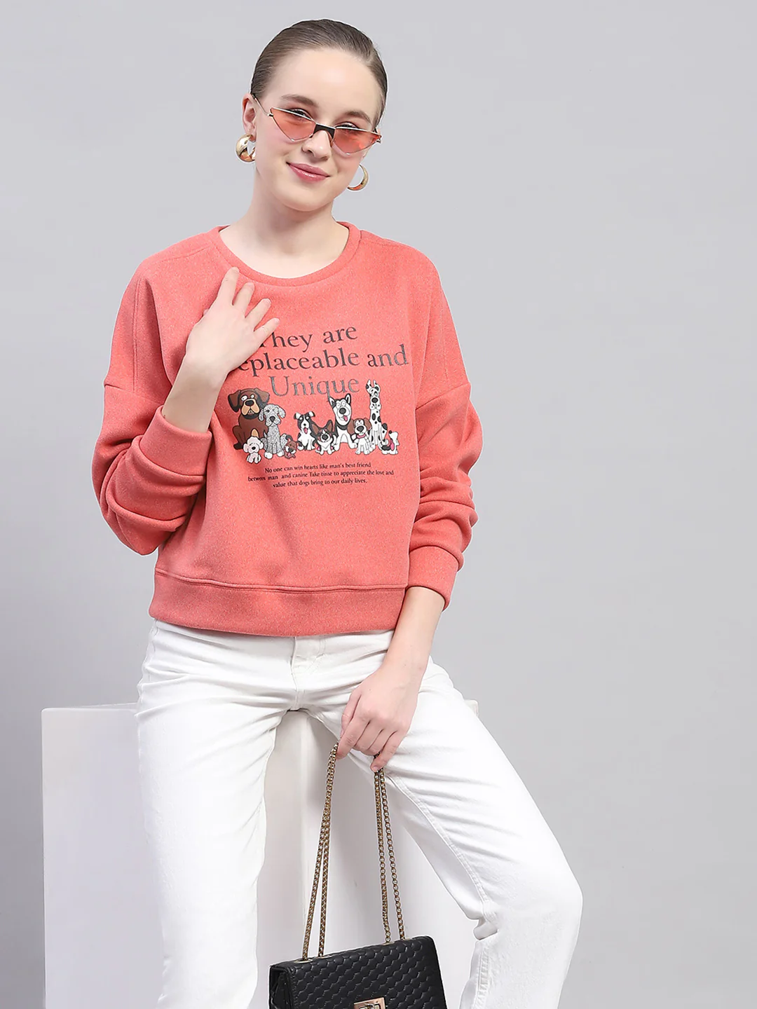 Women Peach Printed Round Neck Full Sleeve Sweatshirt - Image 6
