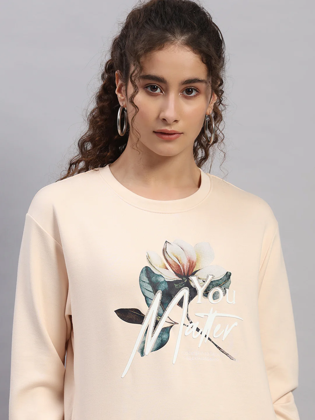 Women Peach Printed Round Neck Full Sleeve Sweatshirt - Image 7