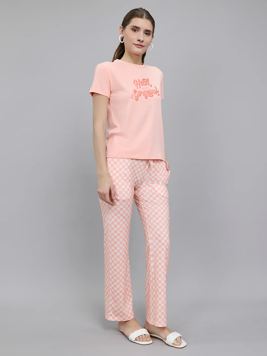Women Peach Printed Round Neck Half Sleeve Combo 3Pc Set (Top, Shorts & Lower) - Image 4