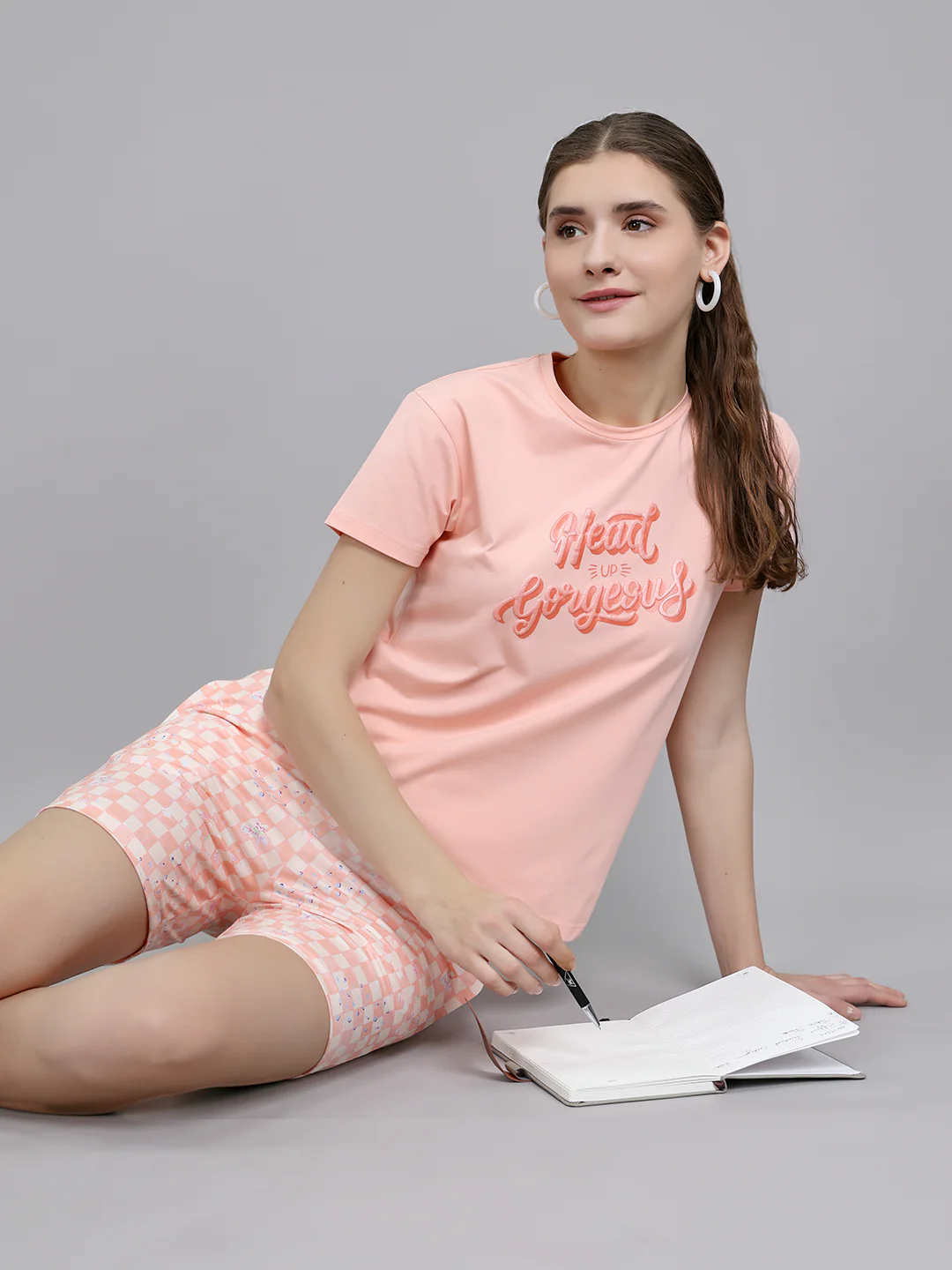 Women Peach Printed Round Neck Half Sleeve Combo 3Pc Set (Top, Shorts & Lower) - Image 7