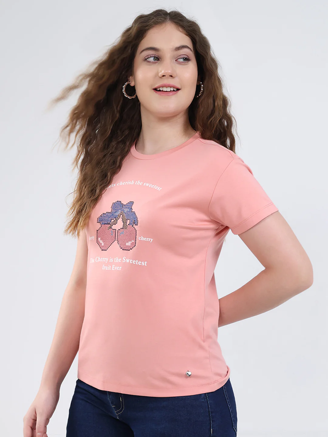 Women Peach Printed Round Neck Half Sleeve Top - Image 3