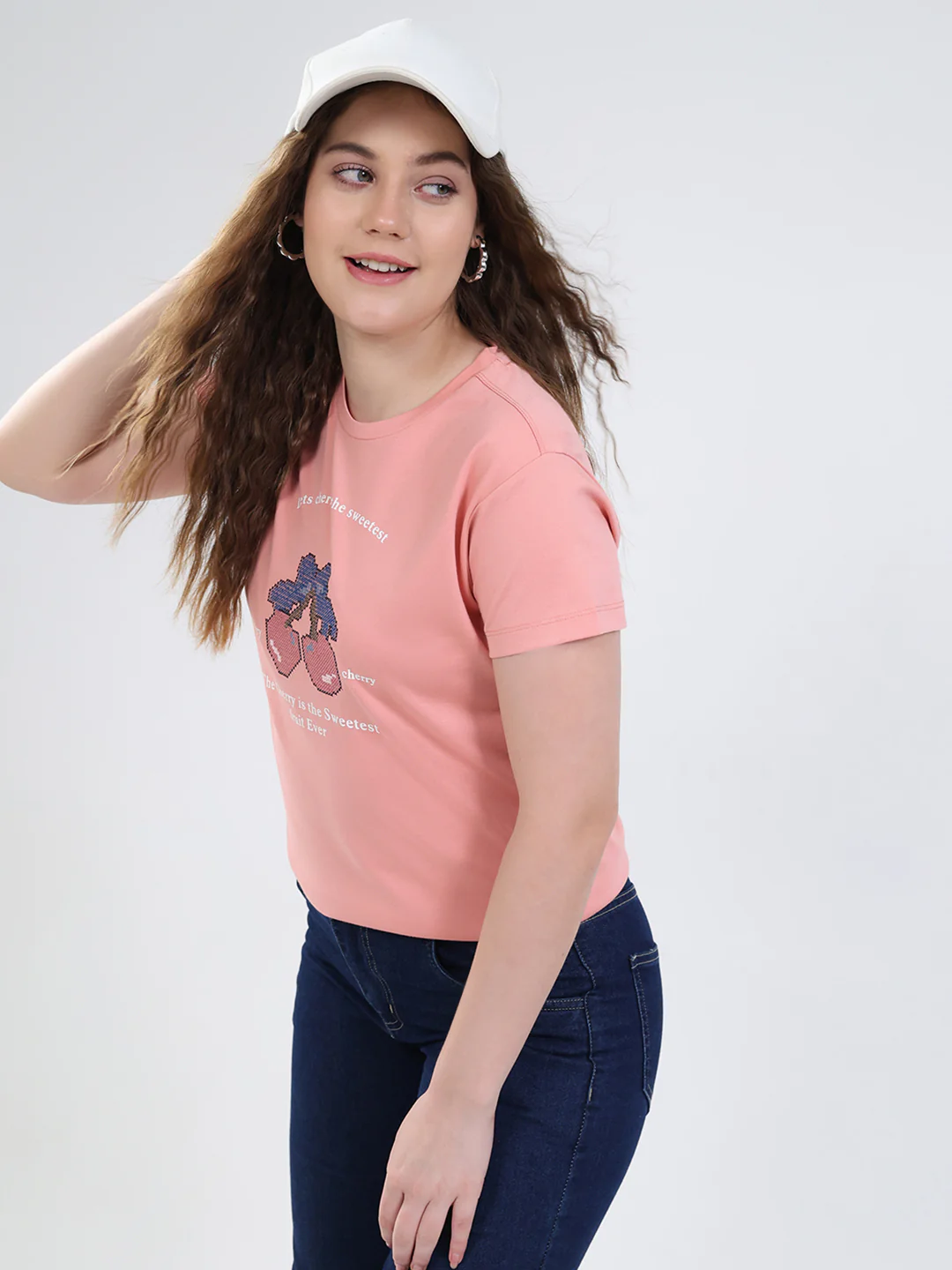 Women Peach Printed Round Neck Half Sleeve Top - Image 6