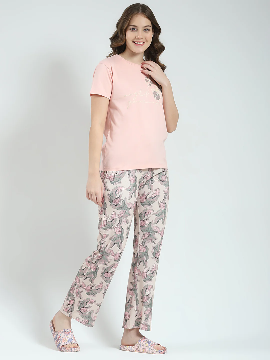 Women Peach Printed Round Neck Half Sleeve Lower Set - Image 4