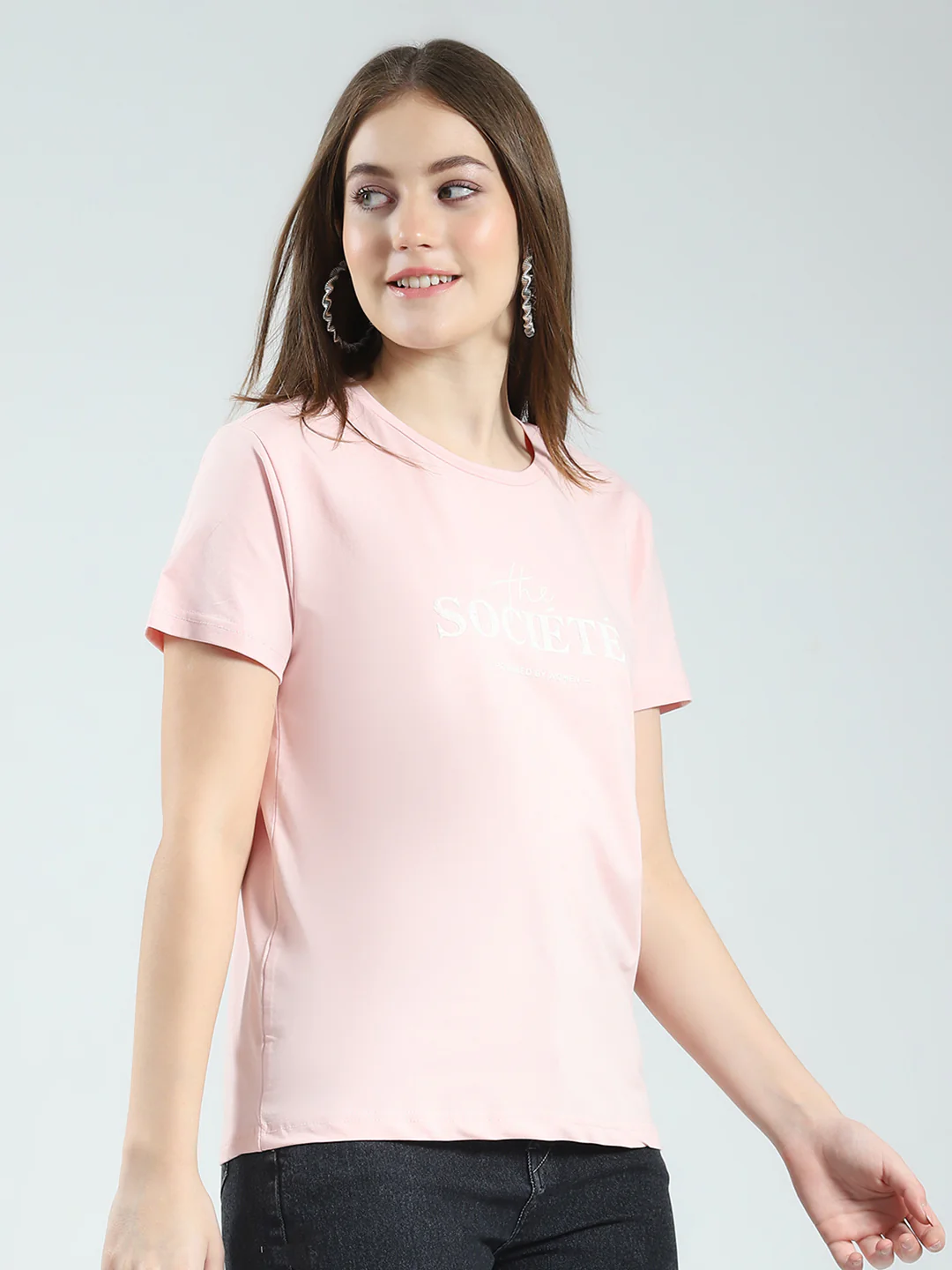 Women Peach Printed Round Neck Half Sleeve Top - Image 4