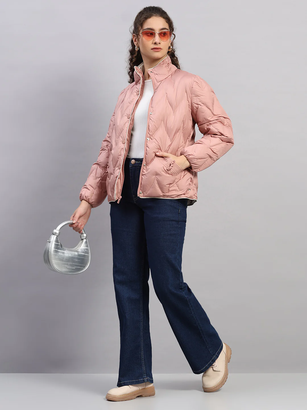Women Peach Self Design Collar Full Sleeve Jacket - Image 2