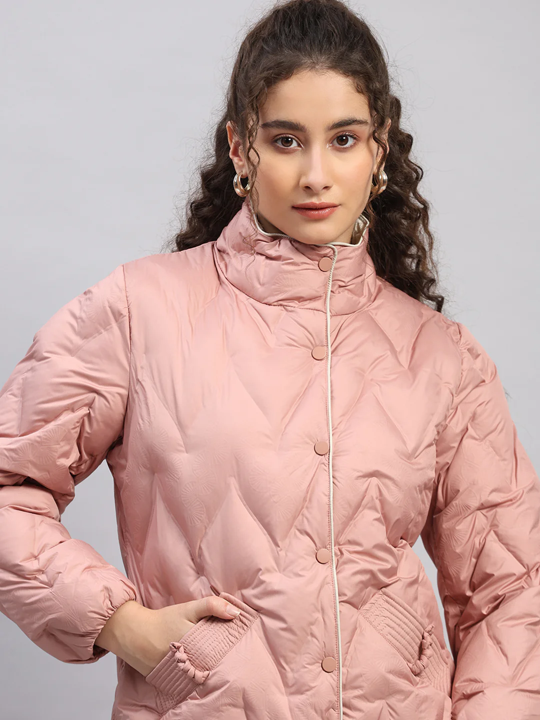 Women Peach Self Design Collar Full Sleeve Jacket - Image 6