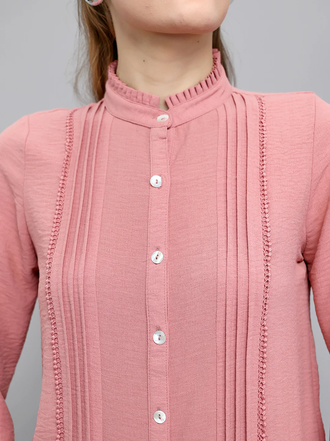 Women Peach Self Design Front Open Full Sleeve Top - Image 2