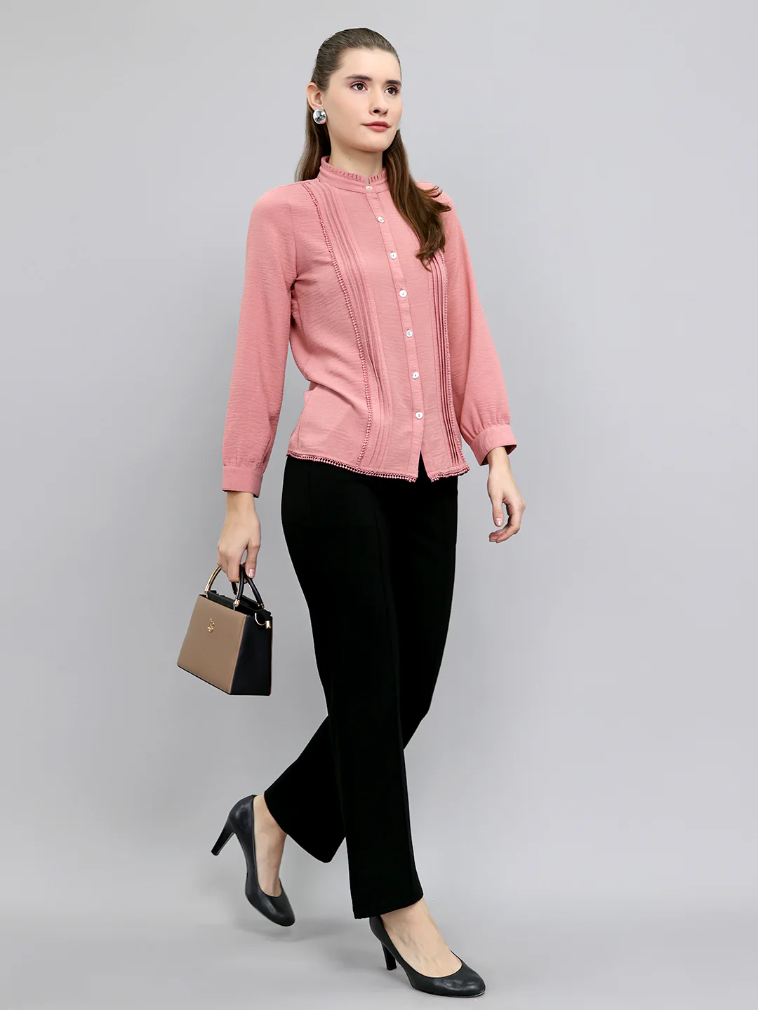Women Peach Self Design Front Open Full Sleeve Top - Image 3