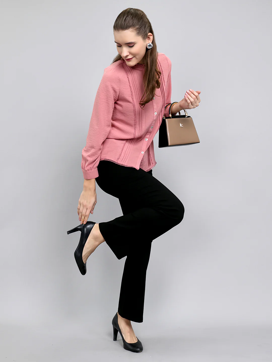 Women Peach Self Design Front Open Full Sleeve Top - Image 5