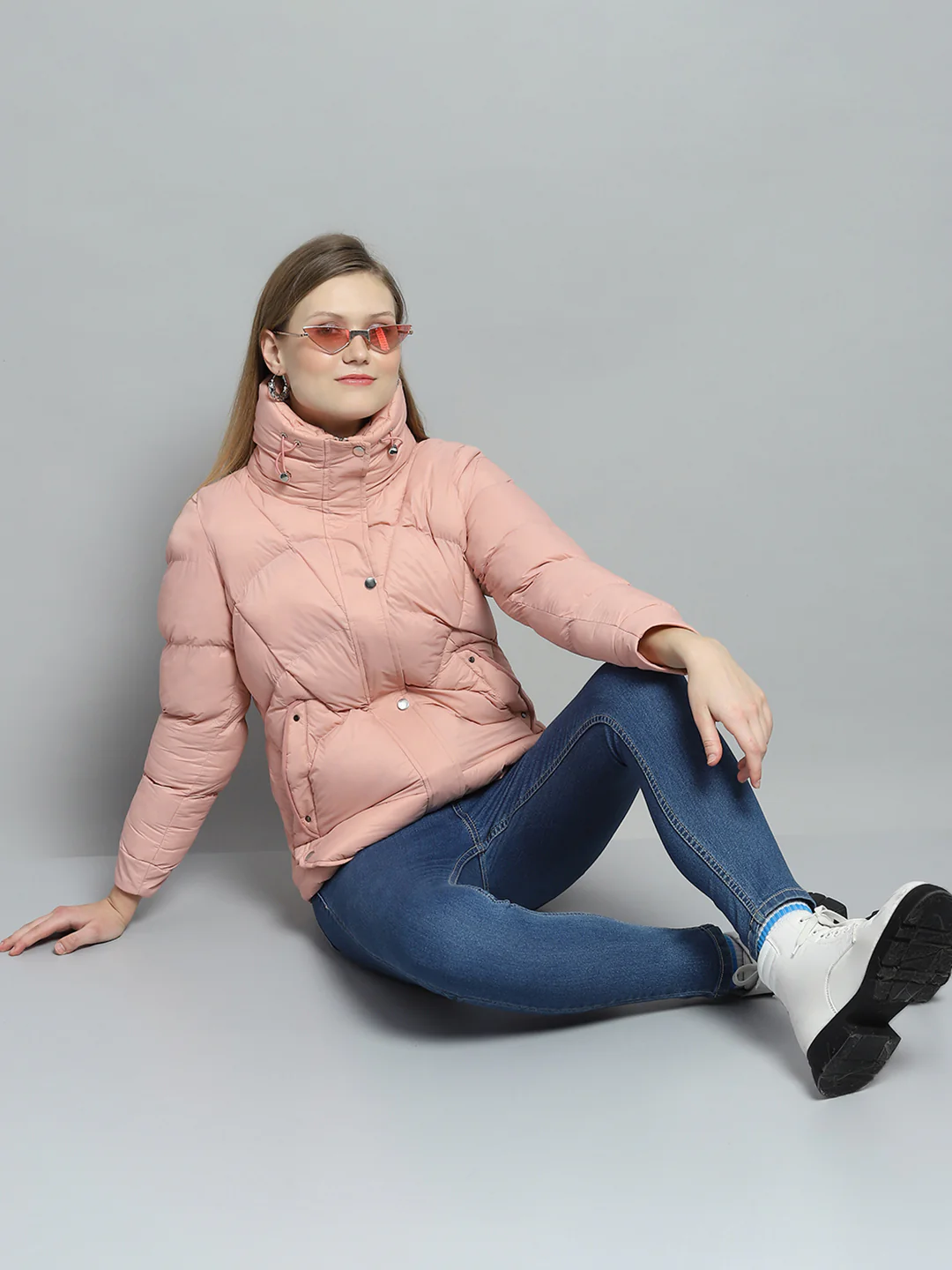 Women Peach Self Design High Neck Full Sleeve Jacket - Image 2