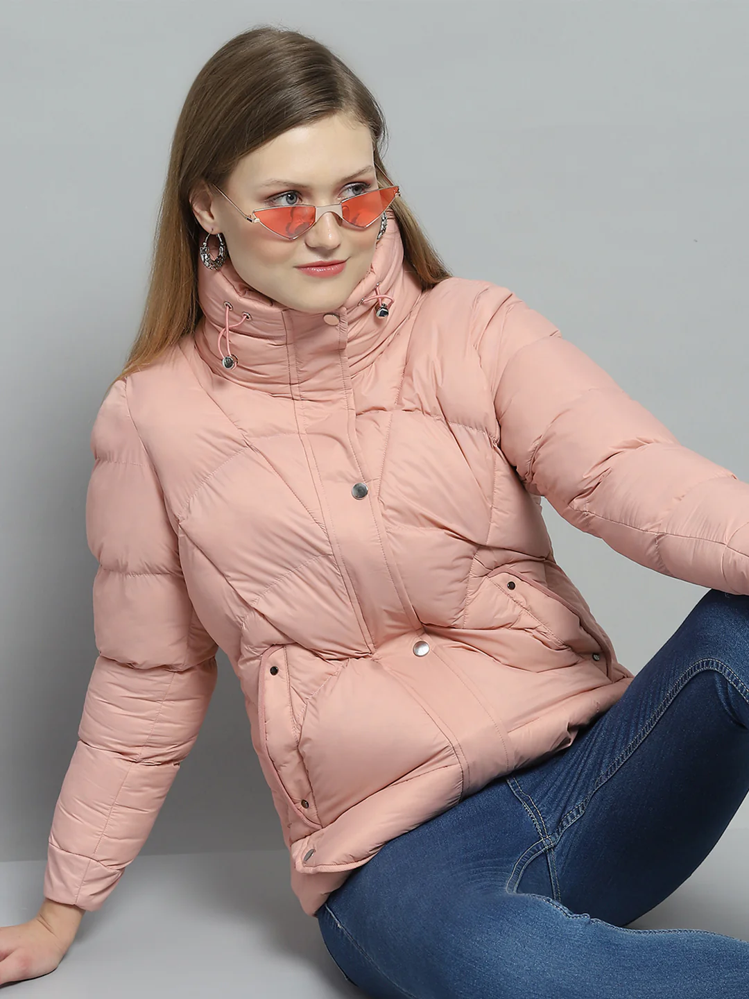 Women Peach Self Design High Neck Full Sleeve Jacket - Image 6