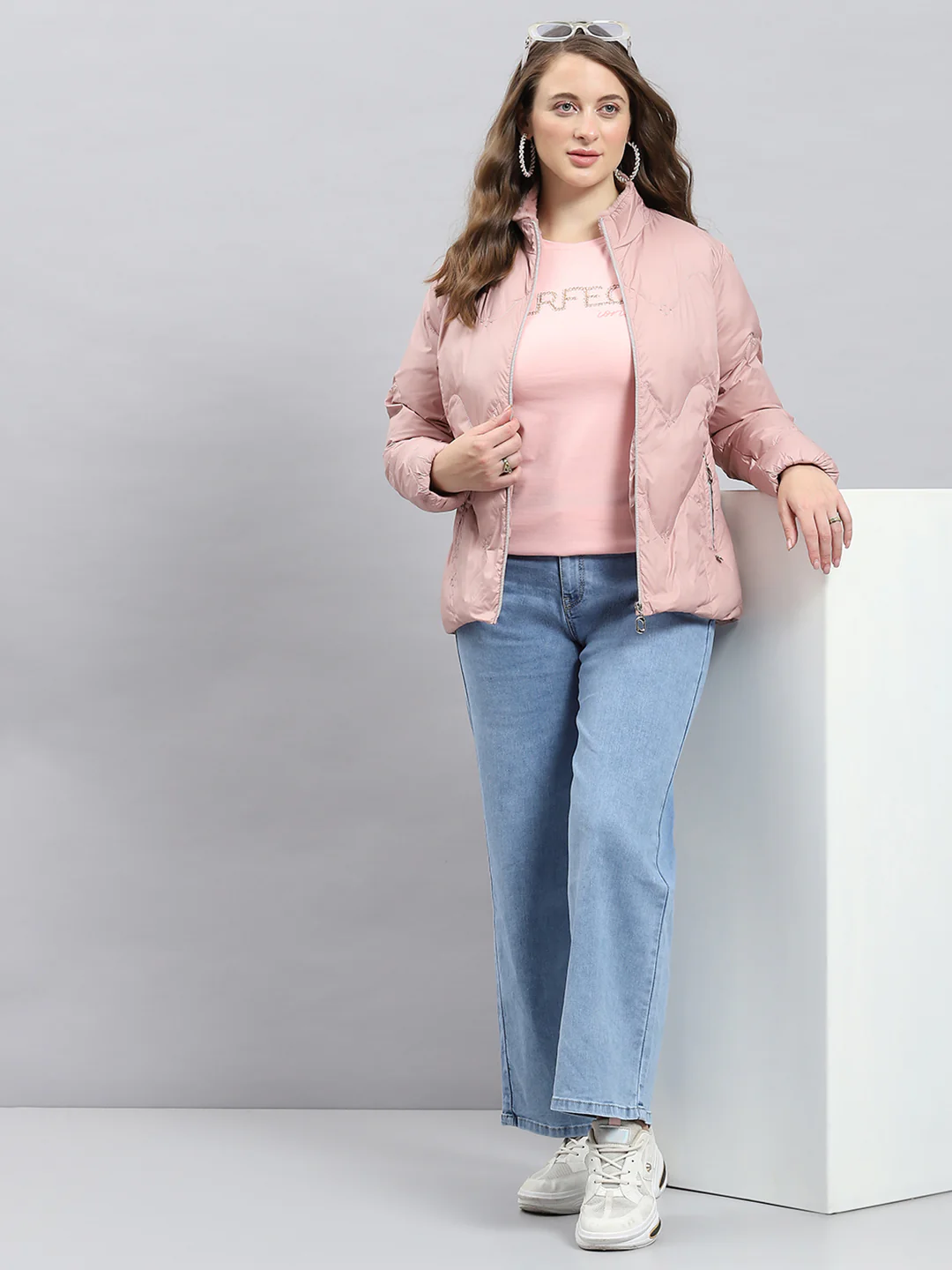 Women Peach Self Design Mock Neck Full Sleeve Jacket - Image 2