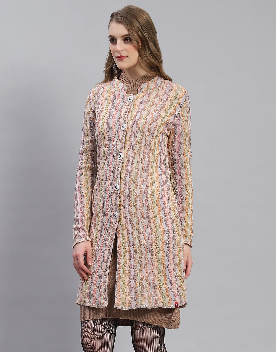 Women Peach Self Design Round Neck Full Sleeve Coat - Image 5