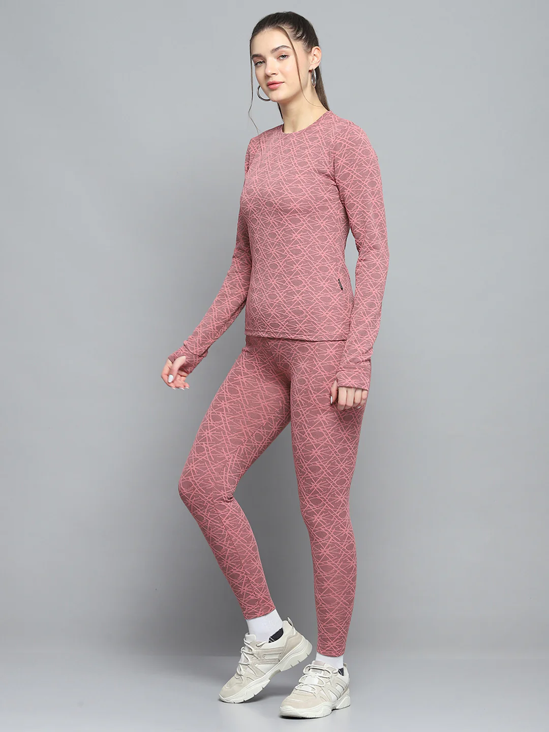 Rock.it Women Peach Self Design Round Neck Full Sleeve Tracksuit - Image 3