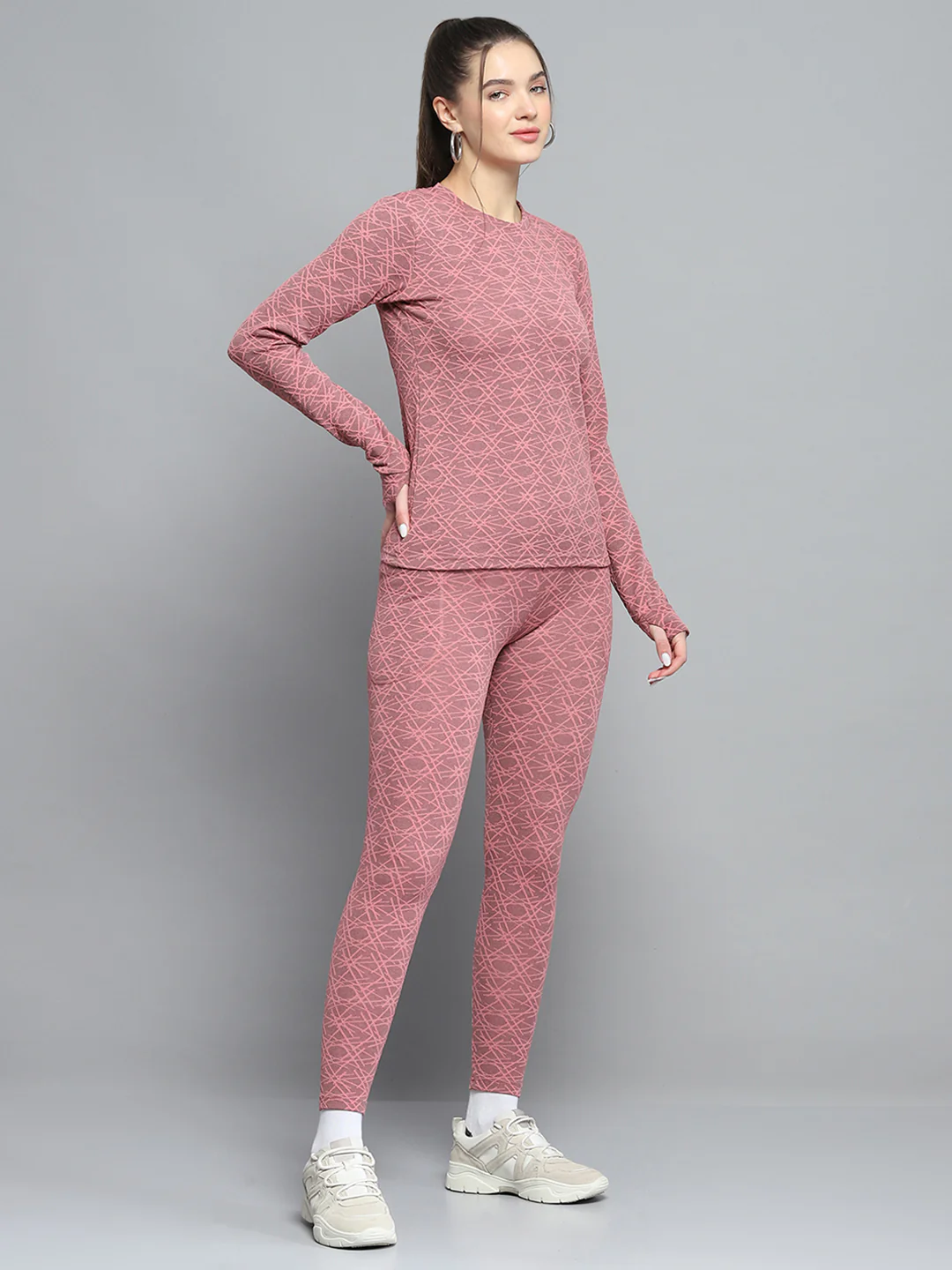 Rock.it Women Peach Self Design Round Neck Full Sleeve Tracksuit - Image 4