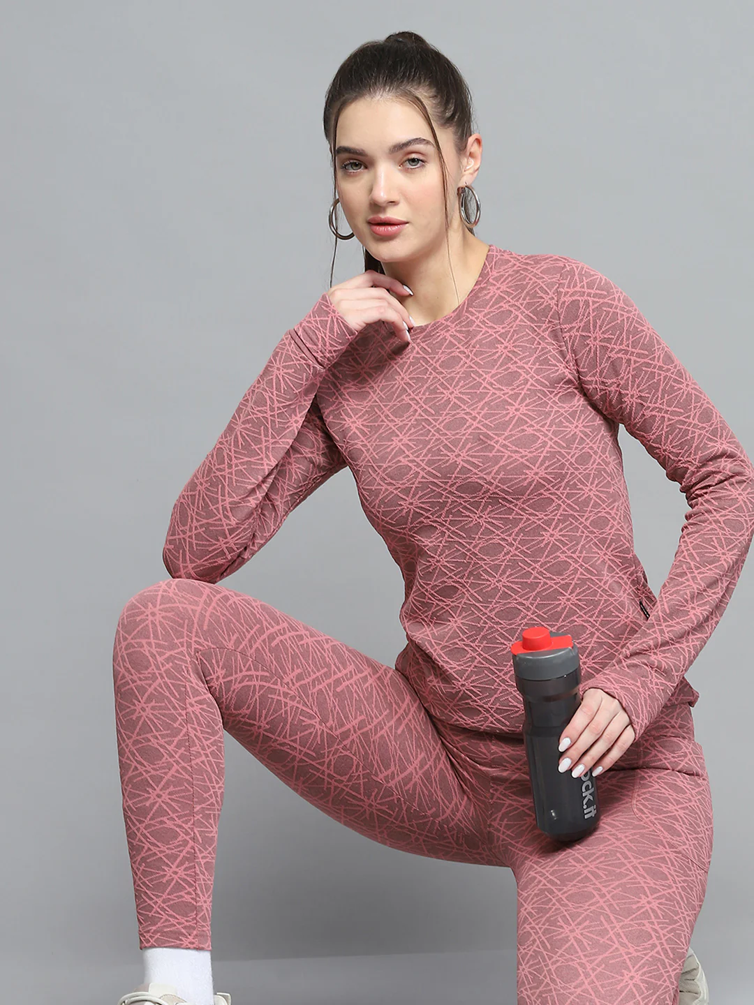 Rock.it Women Peach Self Design Round Neck Full Sleeve Tracksuit - Image 6