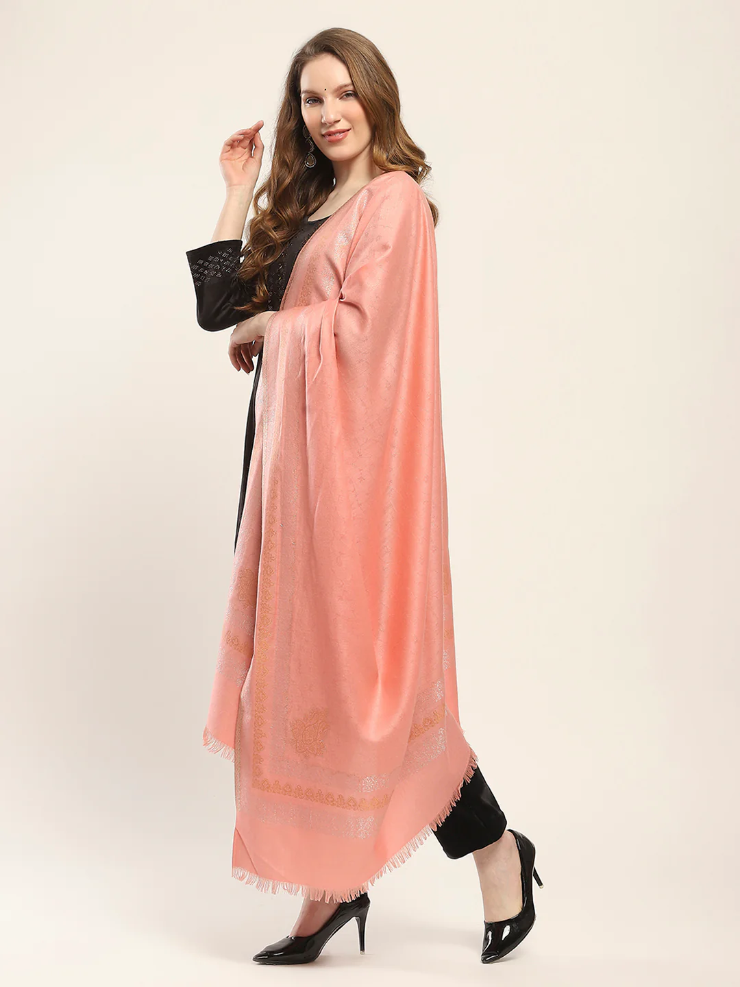 Women Peach Self Design Shawl - Image 3