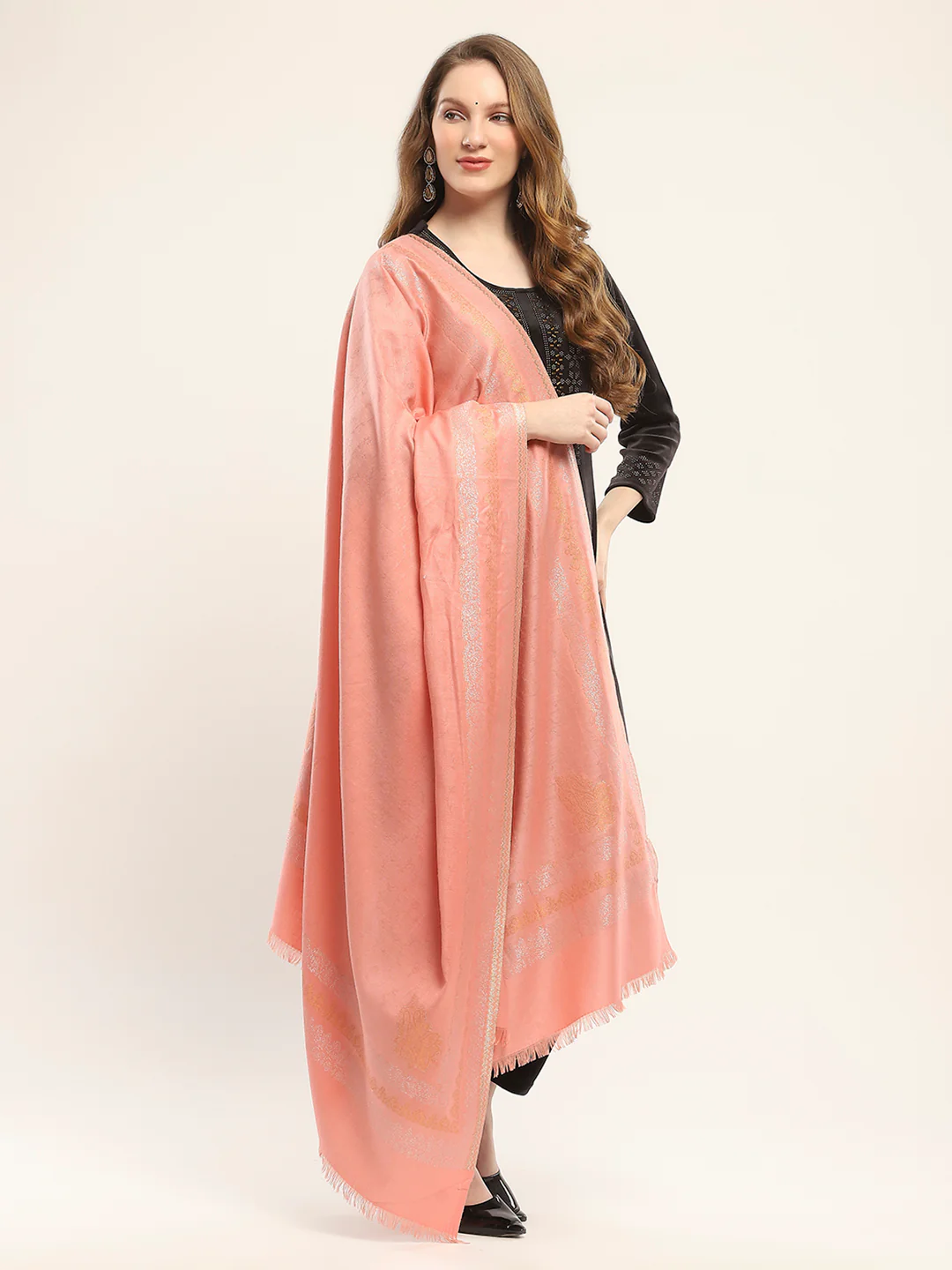 Women Peach Self Design Shawl - Image 4