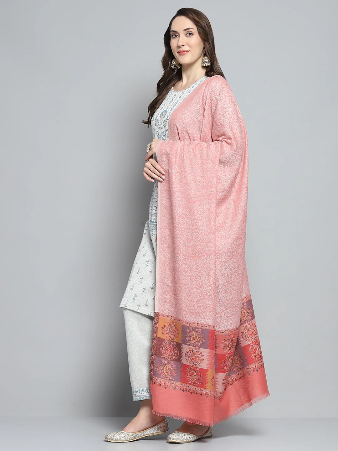 Women Peach Self Design Shawl - Image 3