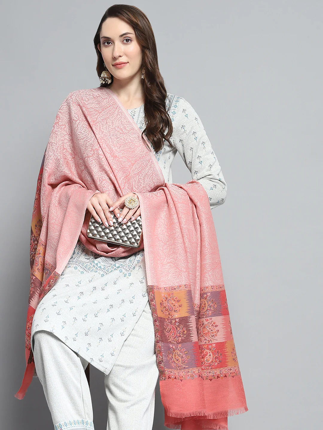 Women Peach Self Design Shawl - Image 6